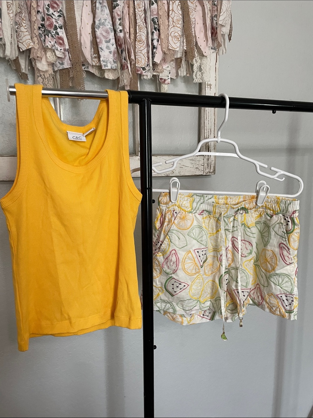 C.C Yellow Ribbed Tank with Fruit-Print Drawstring Shorts